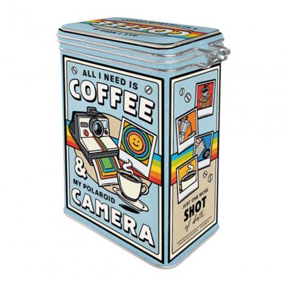 Blikkbeholder «All I need is coffee» med trykknapp