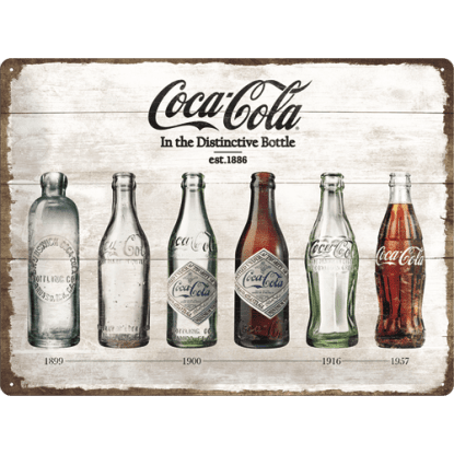 Coca-Cola, seks flasker, metallskilt, 30 x 40 cm