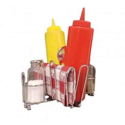Servisesett med holder, 2 flasker, salt- og pepperbøsser