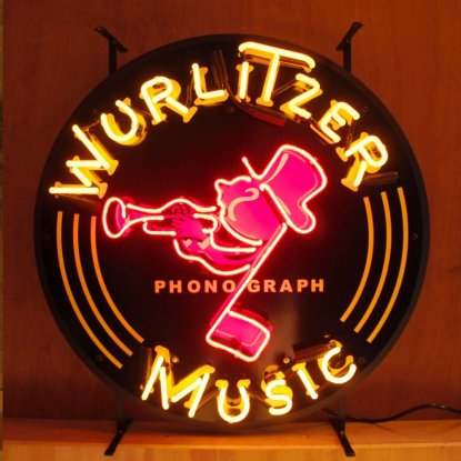 Neonskilt med «Wurlitzer music» og bakgrunn