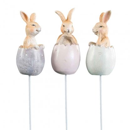 Påskepynt: Kaninvenner i egg på pinne, 3 stk.