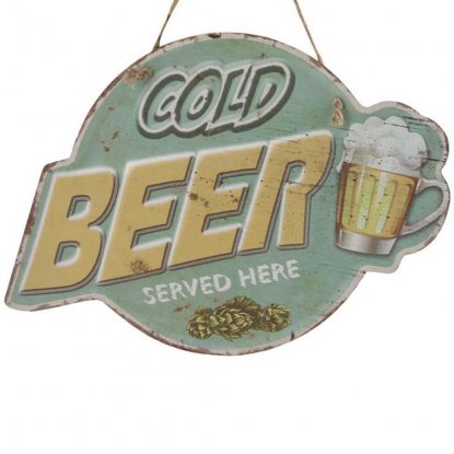 Metallskilt med oppheng «Cold beer served here», 23 x 32 cm