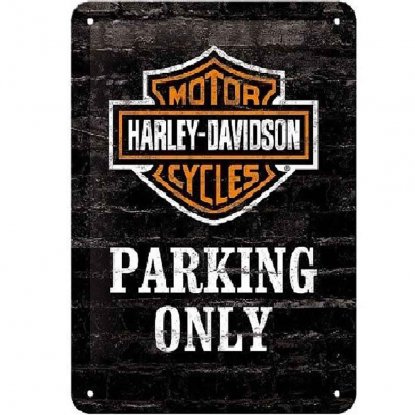 Harley Davidson-skilt i metall: «Parking only», 20 x 30 cm