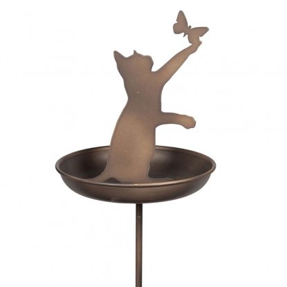 Hagepyntefigur av katt med fuglematbrett i metall