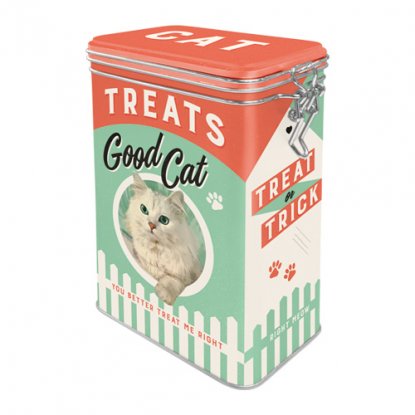 Kattematboks «Good Cat Treats» med trykkåpning