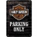 Harley Davidson-skilt i metall: «Parking only», 20 x 30 cm