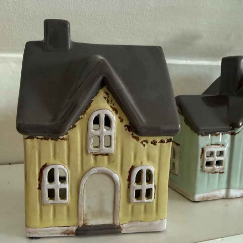 Keramikkhus, gul/grå, til telys, 14 cm