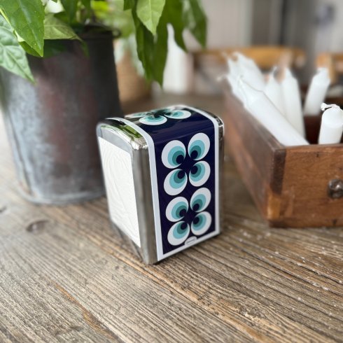 Serviettholder med retroblomster, blå