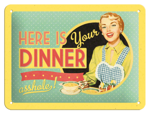 Metallskilt «here’s your dinner», 15 x 20 cm