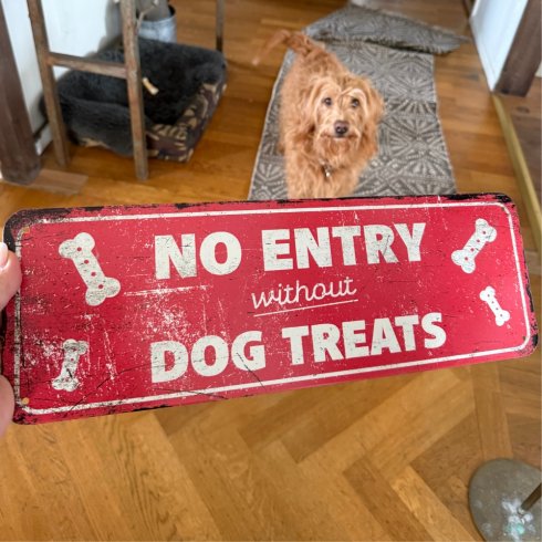 Plateskilt «Ingen adgang uten hundegodbiter» 13 x 40 cm