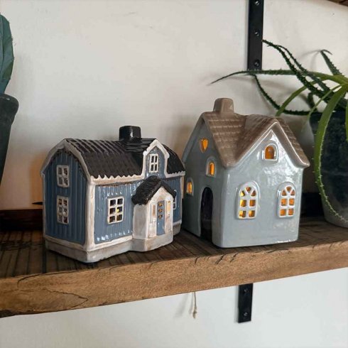Keramikkhus, lyseblått, til varmelys, 15 cm