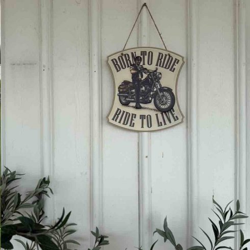 Metallskilt «Born to ride, Ride to live» med oppheng, 28 x 30 cm