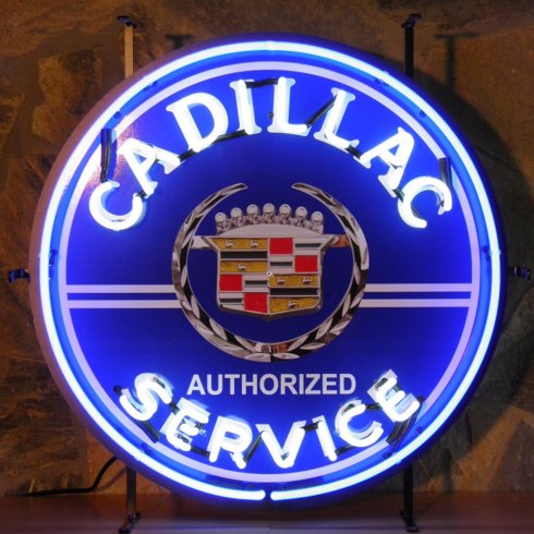 Neonskilt «Cadillac Service» med bakgrunn