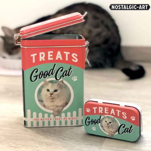 Kattematboks «Good Cat Treats» med trykkåpning