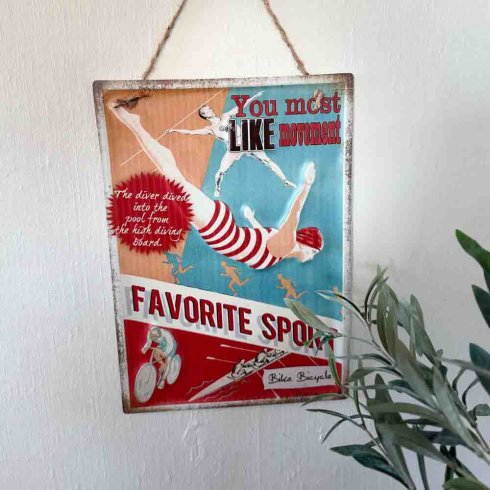 Metallskilt «Favorite Sport» med oppheng, 28 x 40 cm
