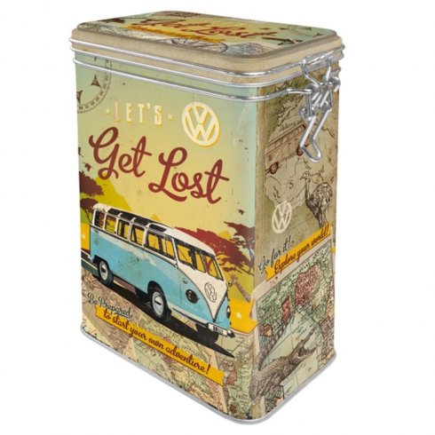 Blikkbeholder «Lets get lost» med trykknapp