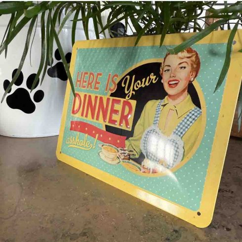 Metallskilt «here’s your dinner», 15 x 20 cm