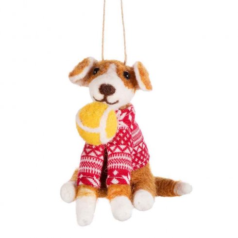 Julepynt i form av en hund med ball
