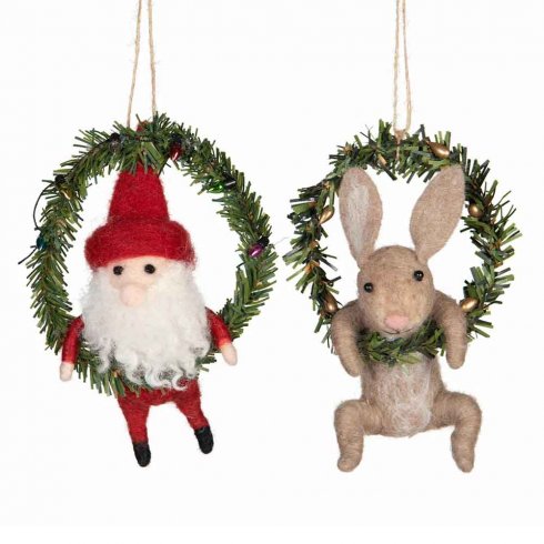 Julepynt med nisse og kanin i krans, 2 sett