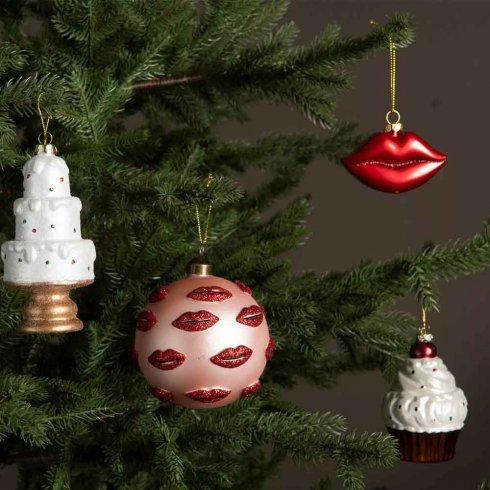 Store juletrekuler, 2-pakning, rosa med kyssemunn