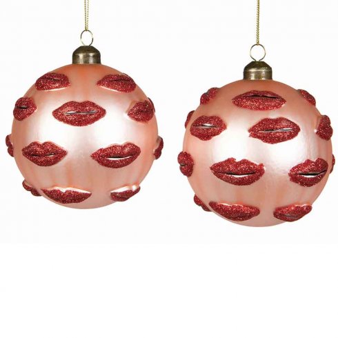 Store juletrekuler, 2-pakning, rosa med kyssemunn