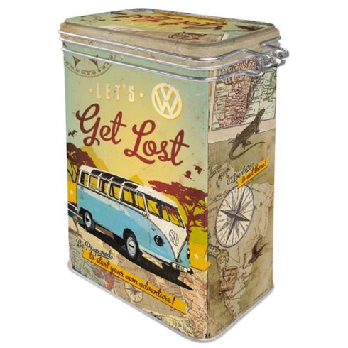 Blikkbeholder «Lets get lost» med trykknapp