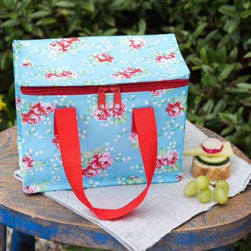 Kjølebag / matpakkebag, blå med roser
