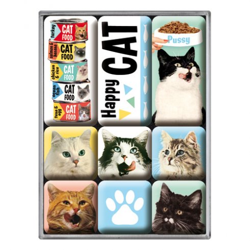 Magnetsett «Retro Happy Cat» – 9 små magneter