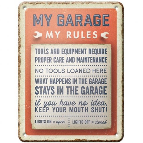 Metallskilt «My Garage – My Rules» 15 x 20 cm