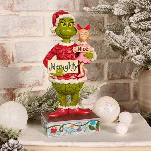 Grinchen med Cindy og «naughty/nice»-skilt – Jim Shore