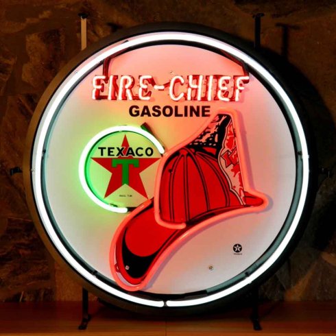 Neonskilt «Fire Chief» med bakgrunn