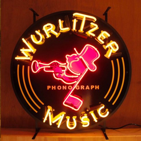 Neonskilt med «Wurlitzer music» og bakgrunn