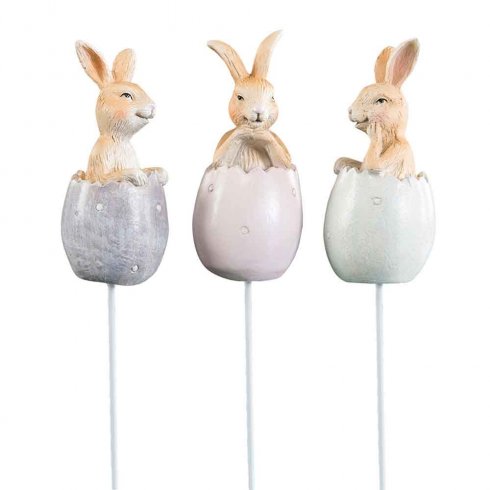 Påskepynt: Kaninvenner i egg på pinne, 3 stk.