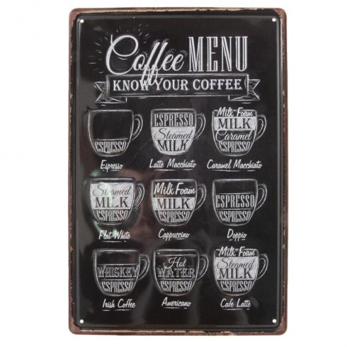 Metallskilt «Coffee»-meny... 20 x 30 cm