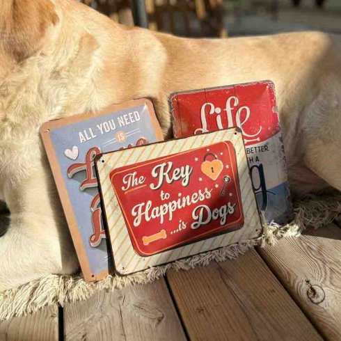 Metallskilt «Happiness is dogs», 15 x 20 cm