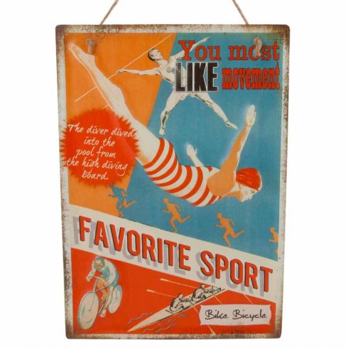 Metallskilt «Favorite Sport» med oppheng, 28 x 40 cm