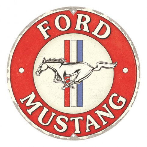 Rund metallskilt med «Ford Mustang», Ø 35 cm