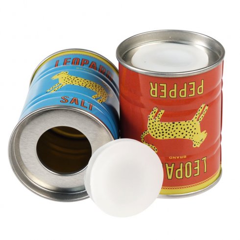Salt- og pepperbøtter i metall, leopardmønster