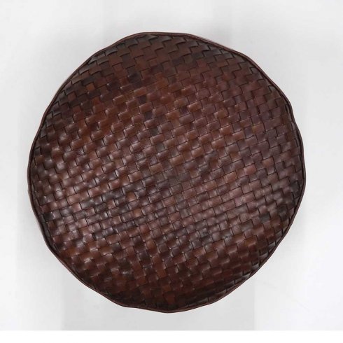 Rund sittepuff, flettet skinn, mørkebrun