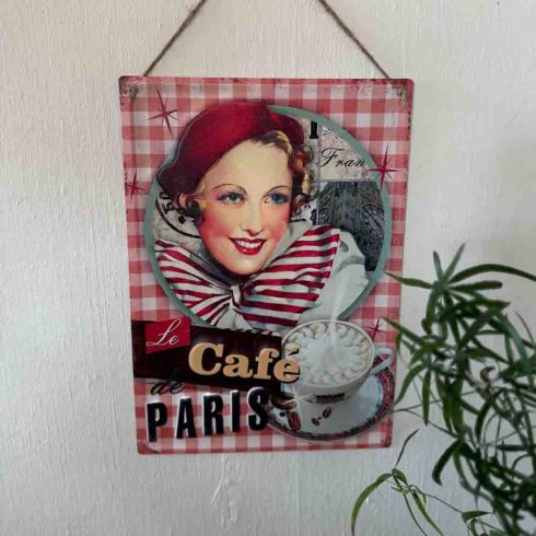 Metallskilt «Le Cafe de Paris» med oppheng, 28 x 40 cm