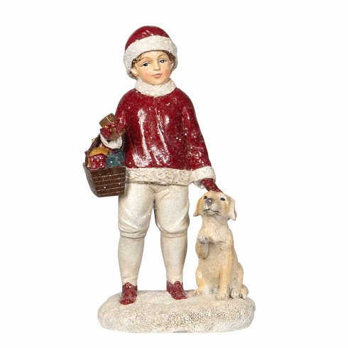 Juledekorasjon: Nissebarn med hund, 24 cm